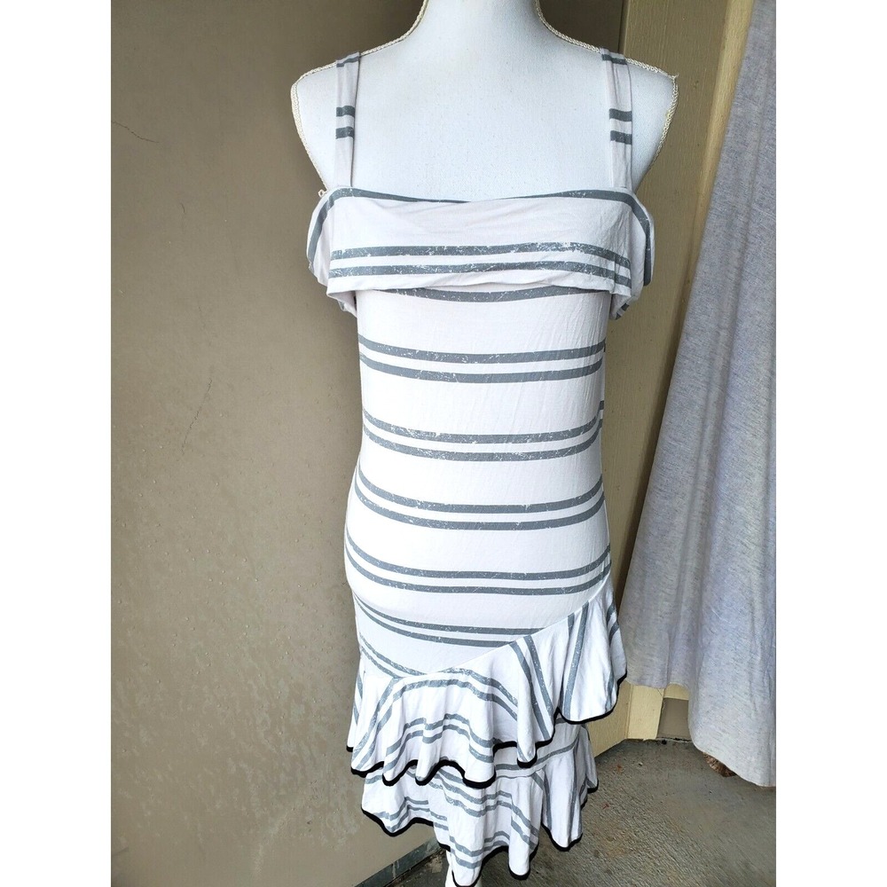 Venus Midi Dress Womens Medium White Gray Striped‎ Ruffle Cold Shoulder Beach